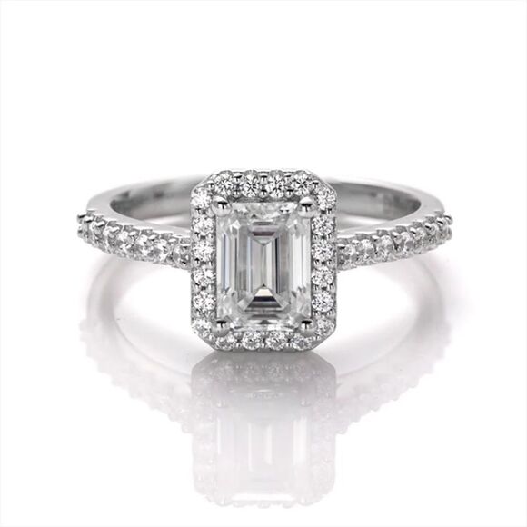 💯% AUTHENTIC!!!  Halo Emerald Cut Moissanite Engagement Ring - Picture 5 of 15
